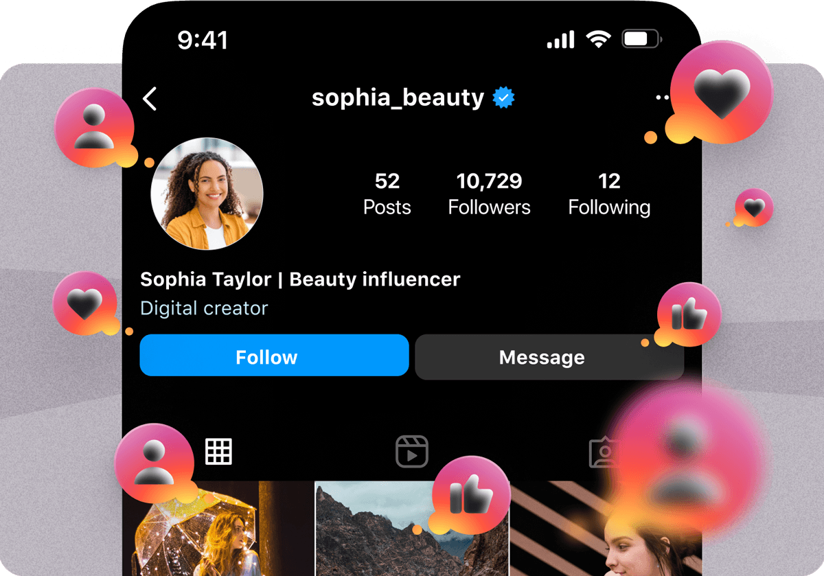 Illustrated social profile surrounded by colourful follower and like icons